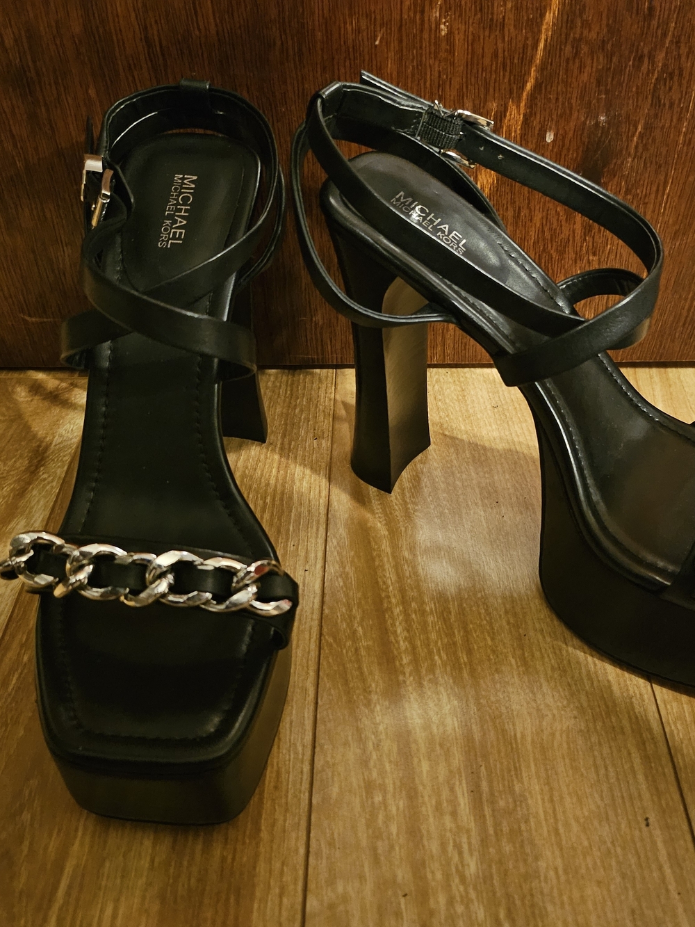 MICHAEL Michael Kors Black Platform Sandals with Silver Chain